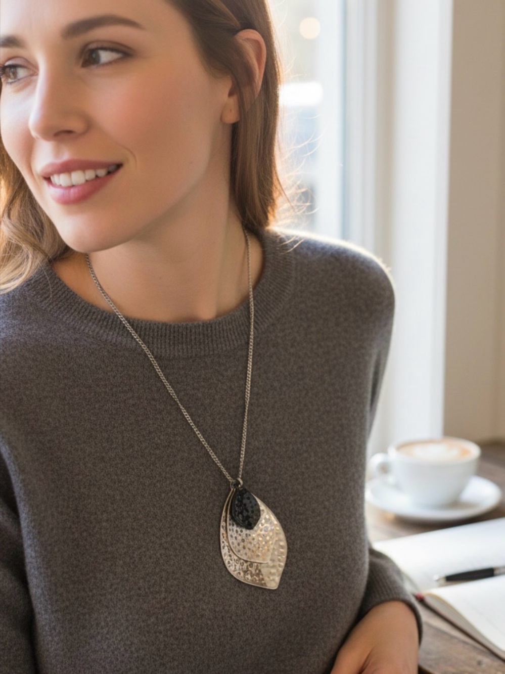 Elegant Stacked Silver Leaf Pendant Necklace